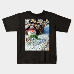 Merry Xmas Cute Snowman Photograpic Festive Print Kids T-Shirt